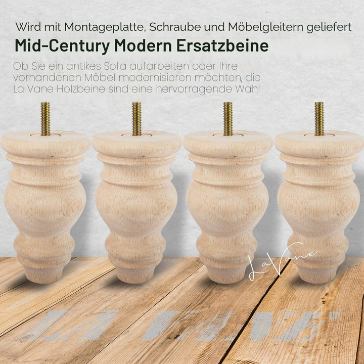 LA VANE 4 Stück Möbelfüsse aus Massivholz - 12cm Höhe, Unlackiert, Spindelform mit M8 Bolzen & Monta