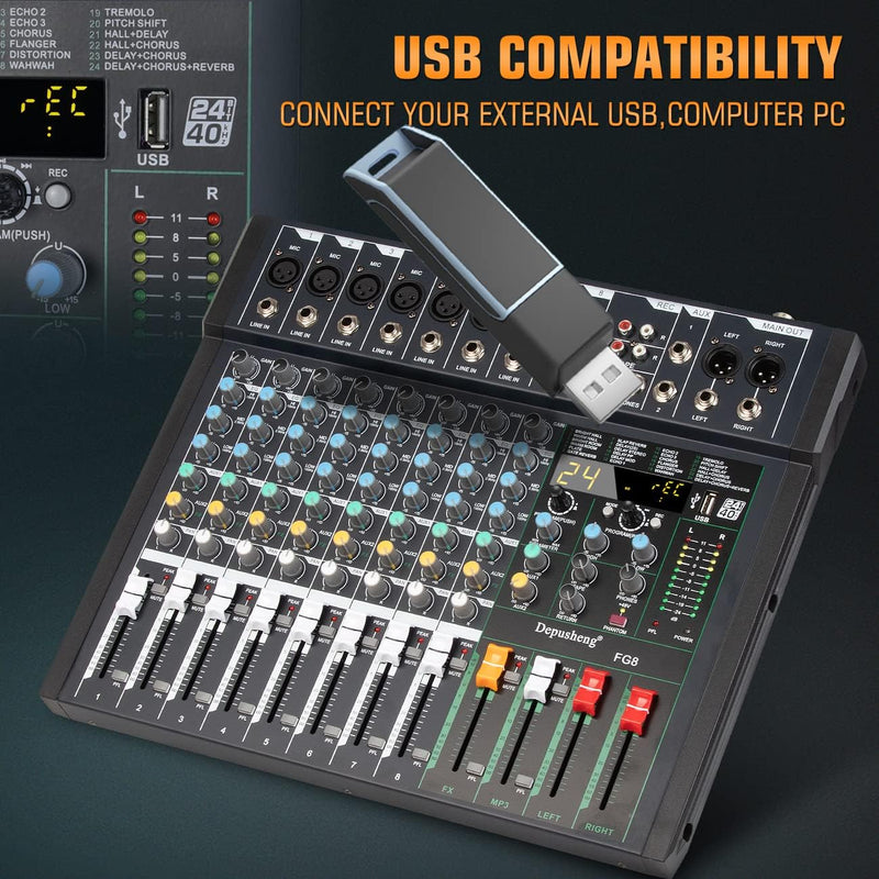 Depusheng FG8 Professioneller 8-Kanal-Audio-Mixer für Computeraufnahmen, Sound-Controller-Schnittste