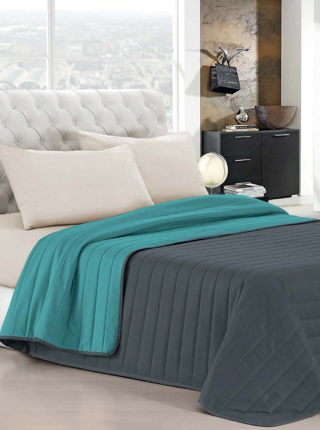 Italian Bed Linen Elegant Bettdecke für den Sommer, wendbar, Blau/Grau, 170 x 270 cm 170 x 270 cm Az