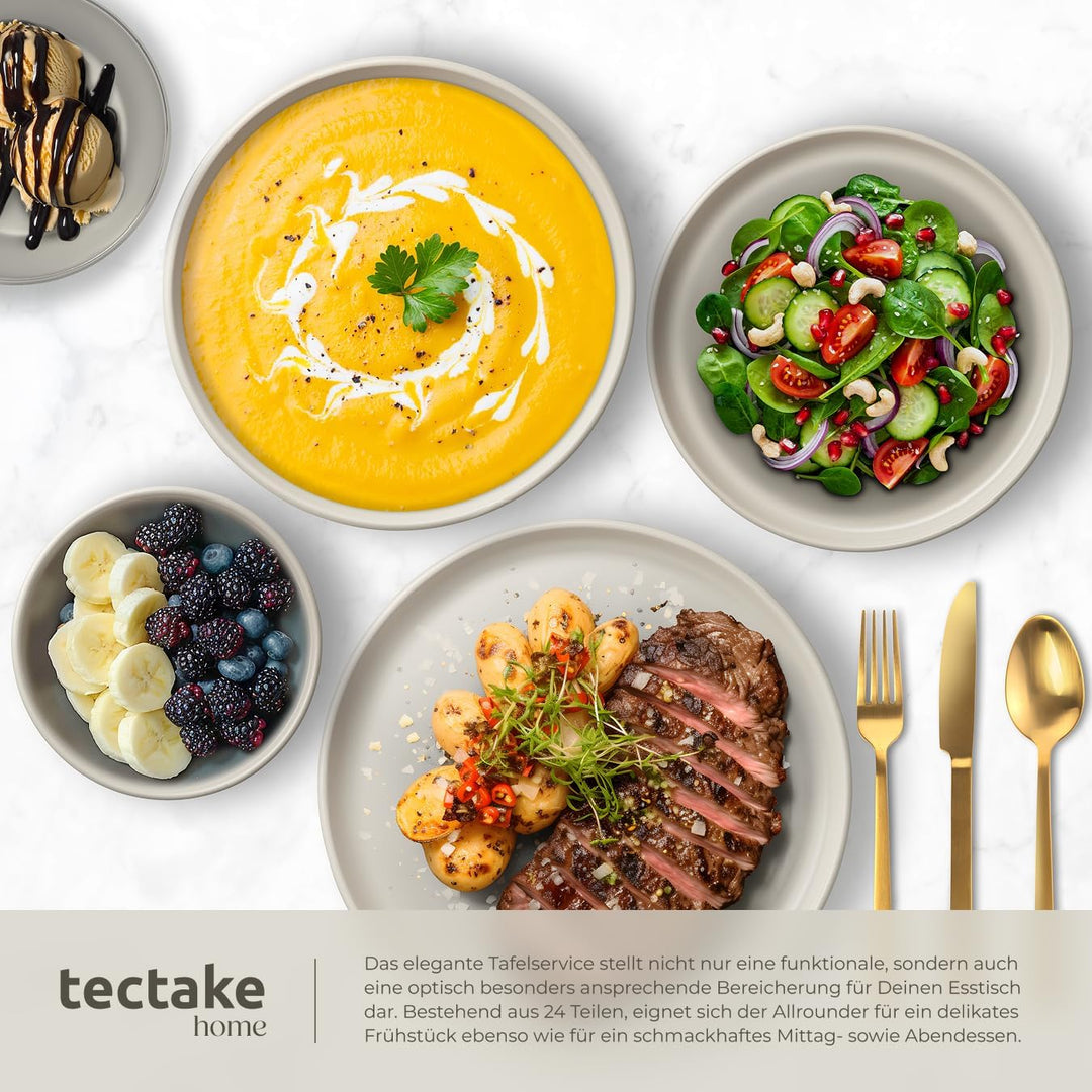 tectake® Küchenstarterset 6 Personen, Steingut Geschirr Set, Teller, 4 Töpfe 2 Pfannen rostfreies Al