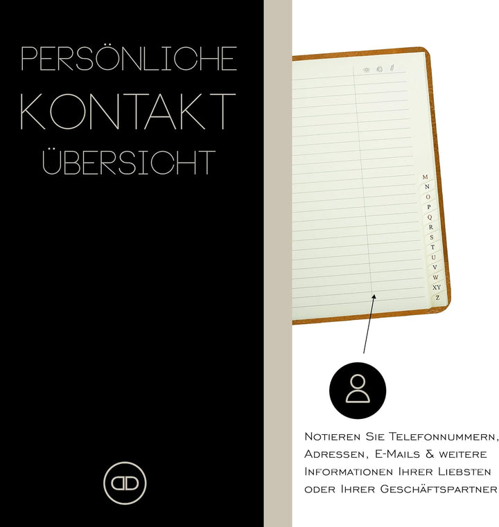 DELMON VARONE - Personalisierbares Adressbuch DIN A6 gebunden mit A-Z Register Anilin Leder braun -
