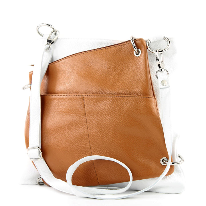 modamoda de - T140 - ital Messengertasche Umhängetasche 2in1 Leder Weiss/Camel, Weiss/Camel