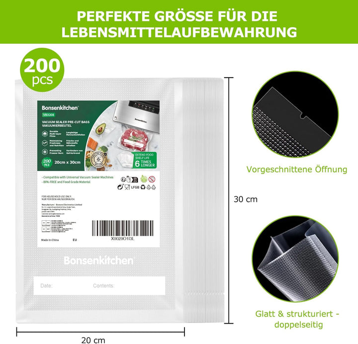 Bonsenkitchen Vakuumierbeutel 200 Beutel 20x30 cm, Profi-Folienbeutel für alle Vakuumiergerät, vakuu