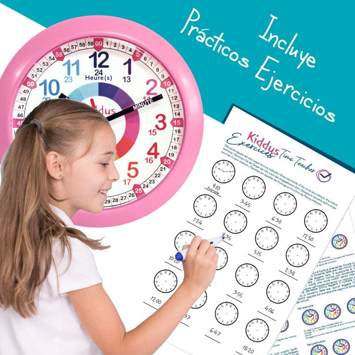 KIDDUS Wanduhr für Kinder. Analoger Zeitlehrer mit Zeitlernübungen. Stilles Uhr. Viele Sprachen. ESP