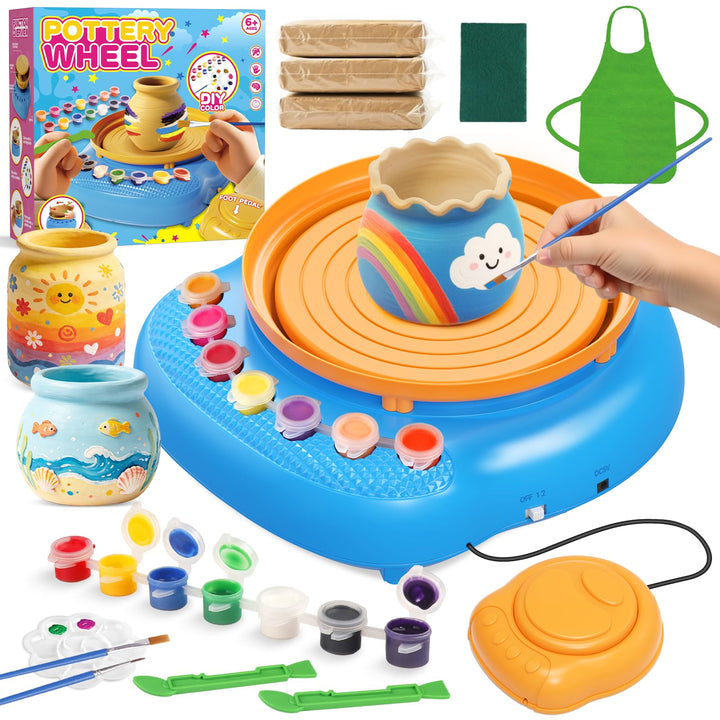 Töpferscheibe Kinder elektrisch,Töpferset 6-12 Jahre mit Ton | Komplettes DIY-Bastelset mit 3x luftt