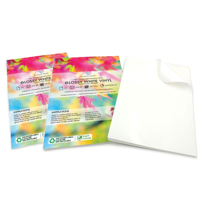 Evergreen Goods 2x 20 Blatt glänzendes weisses Vinyl | A4 selbstklebend | Inkjet &amp; Laser bedruckbar