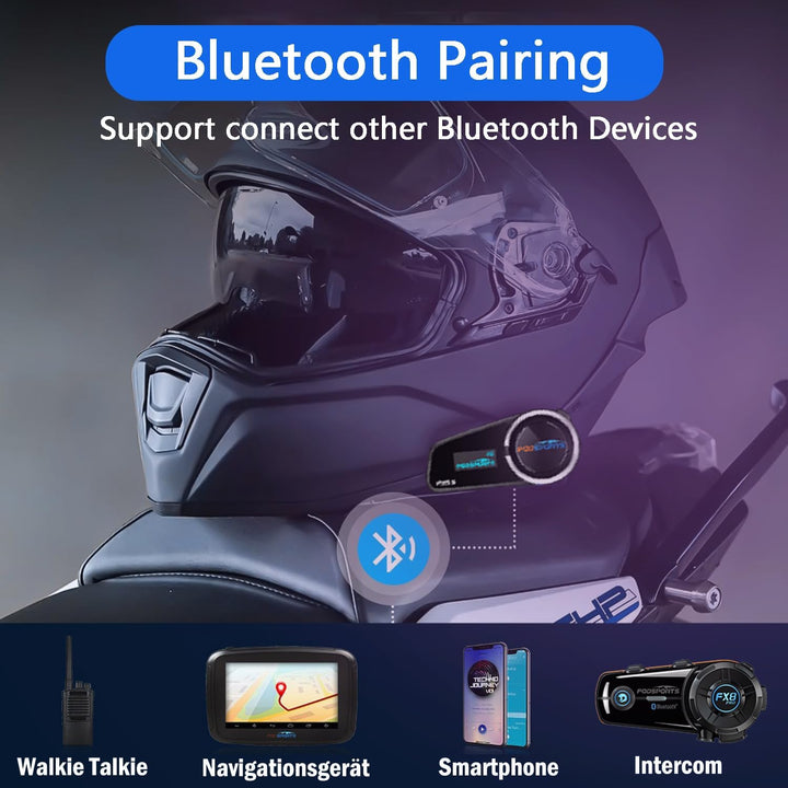 Fodsports FX6S Motorrad Intercom mit LCD Bildschirm Motorrad Bluetooth Headset für bis zu 6 Motorräd
