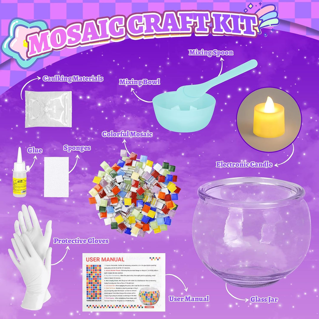 Mosaik Bastelset für Kinder, Kreatives Glasmosaik-Kerzenhalter-Kit für Mädchen Jungen,Bastelset Erwa