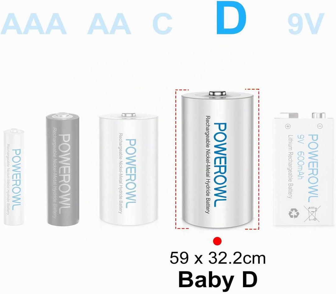 POWEROWL D Akku Mono 1.2V 10000mAh Wiederaufladbar D Batterien mit Geringer Selbstentladung & Vorgel