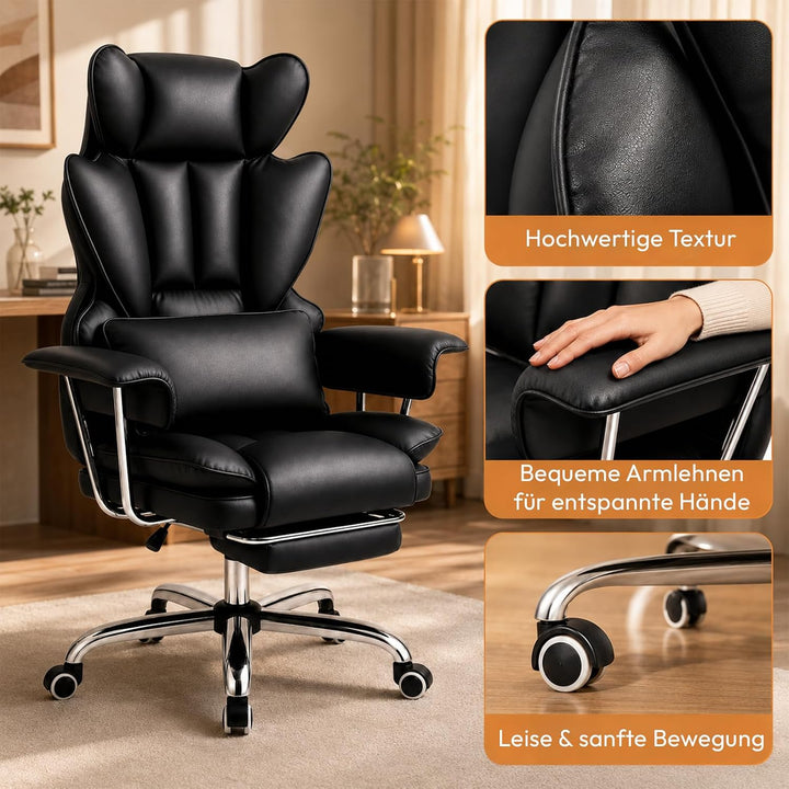 Ergonomischer Chefsessel Bürostuhl Gaming Stuhl Hochlehner mit Fussstütze &verstellb. Lendenstütze,
