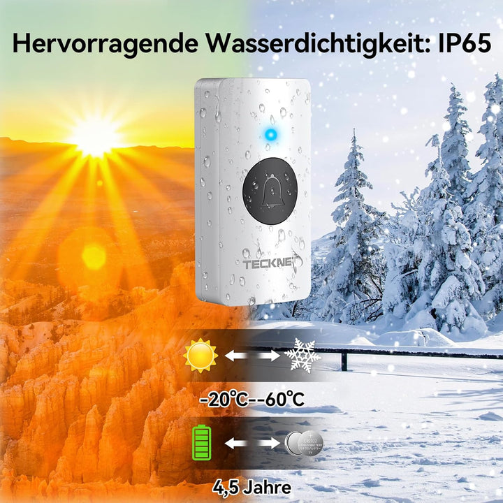 TECKNET Funkklingel, Funkklingel aussen wasserdicht IP65, Funk Klingel Kabellos 400m, Klingel Funk m