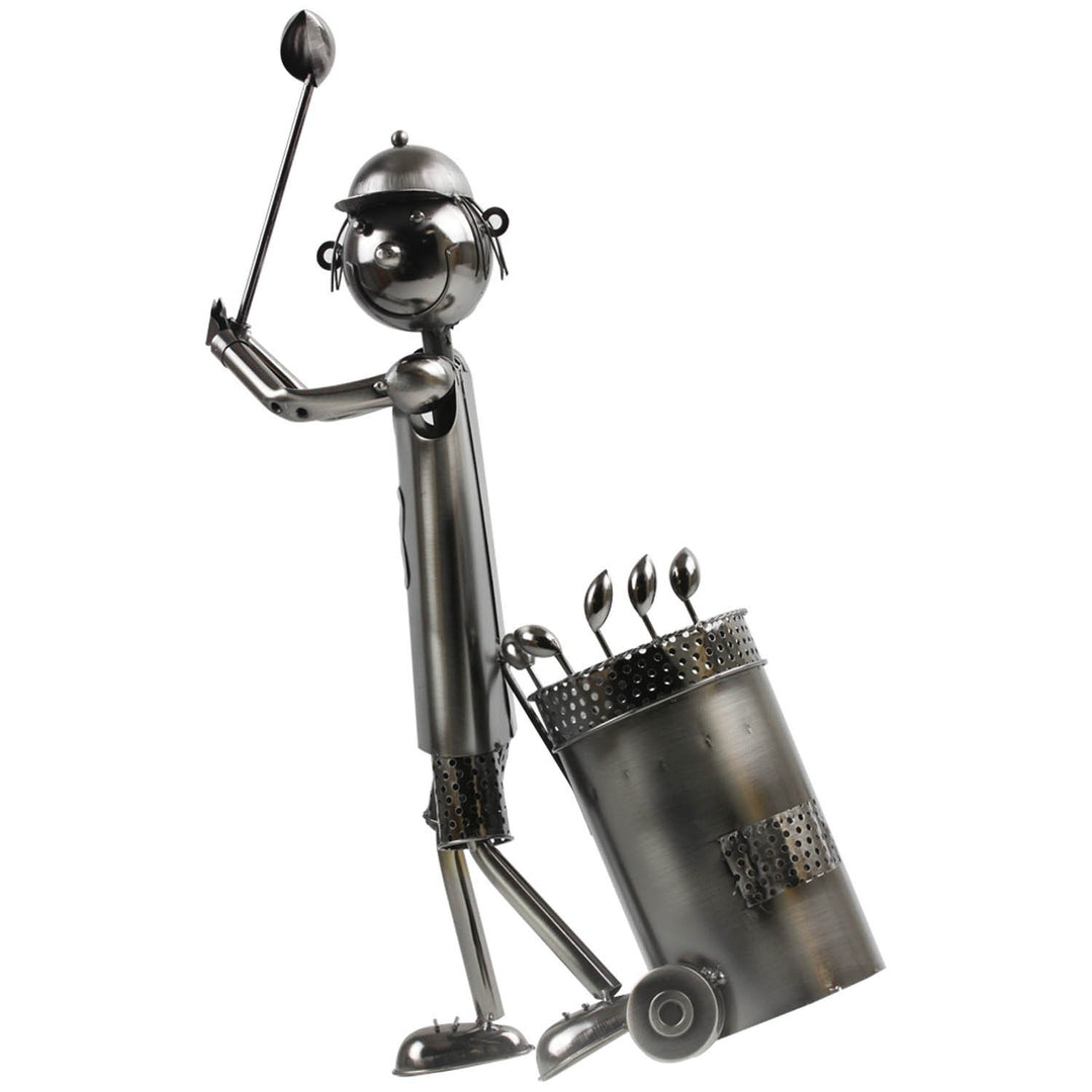 Moderner Wein Flaschenhalter Flaschenständer Golfspieler aus Metall in Silber Höhe 53 cm