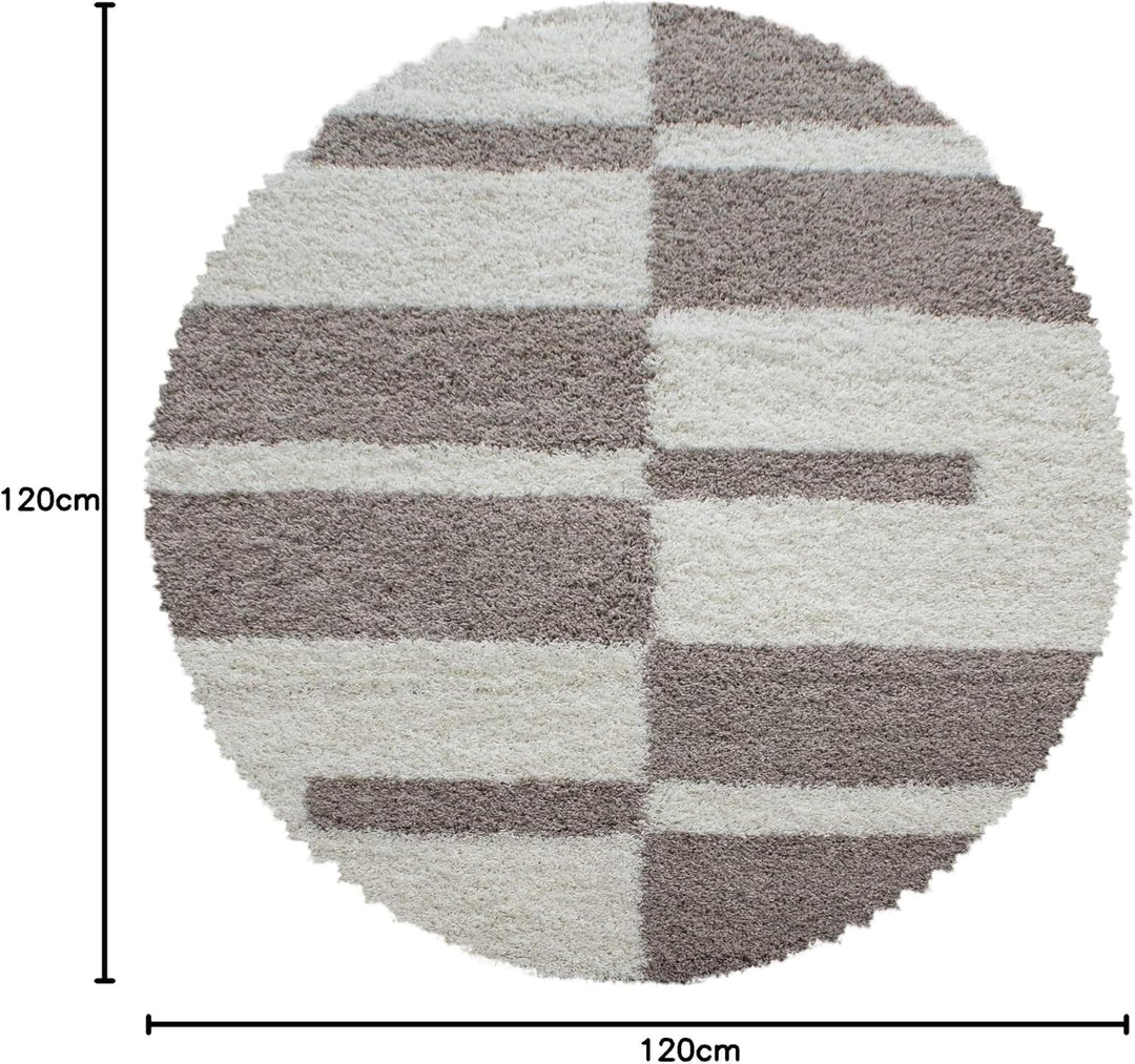 Carpetsale24 Teppich Wohnzimmer Moderne Kariert Design Shaggy Flokati 120 cm Rund Beige-Creme - Hoch