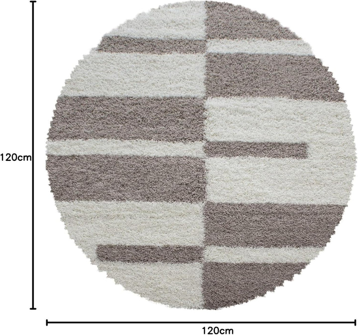 Carpetsale24 Teppich Wohnzimmer Moderne Kariert Design Shaggy Flokati 120 cm Rund Beige-Creme - Hoch