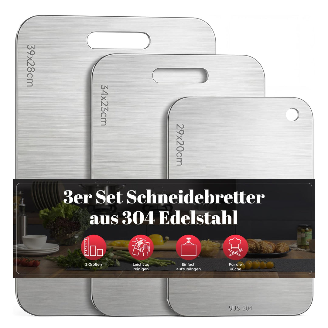 Titan Schneidebrett, 304 Edelstahl, Metall-Schneidebretter in 3 Grössen für Fleisch, Obst & Gemüse,