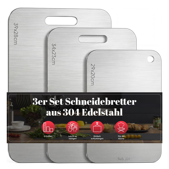 Titan Schneidebrett, 304 Edelstahl, Metall-Schneidebretter in 3 Grössen für Fleisch, Obst & Gemüse,