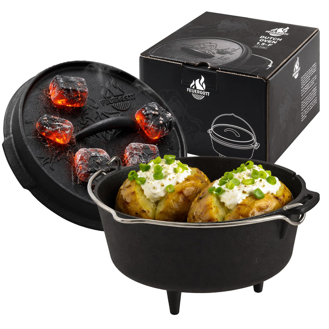 Dutch Oven 1,5L mit Füssen – Gusseiserner Feuertopf für Lagerfeuer, Dreibein, Bushcraft, Camping, Ou