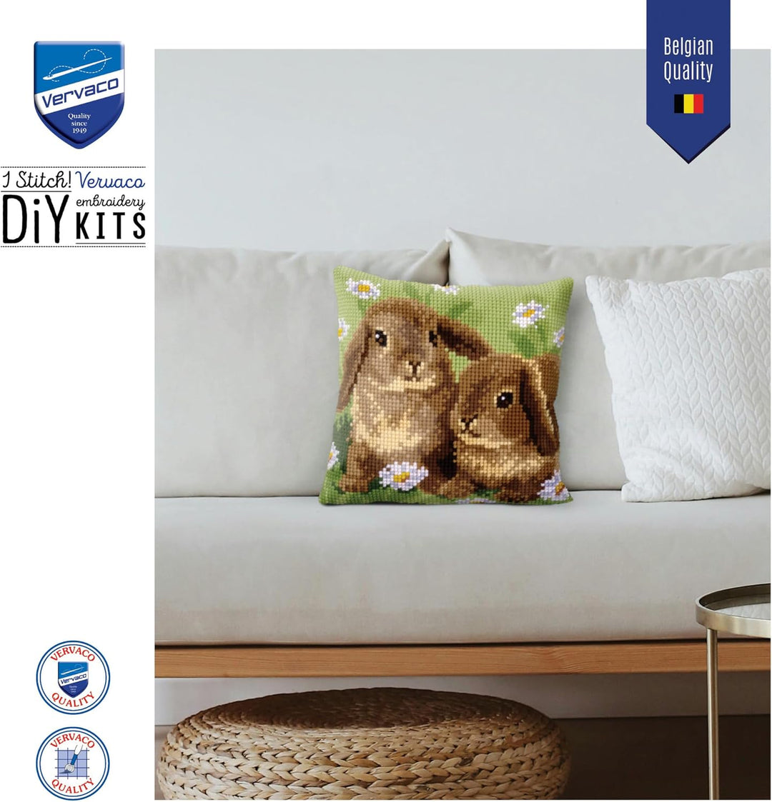 Vervaco Kreuzstichkissen 2 Kaninchen Kreuzstickpackung vorgedruckt, Stramin, weiss, 40 x 40 x 0,3 cm