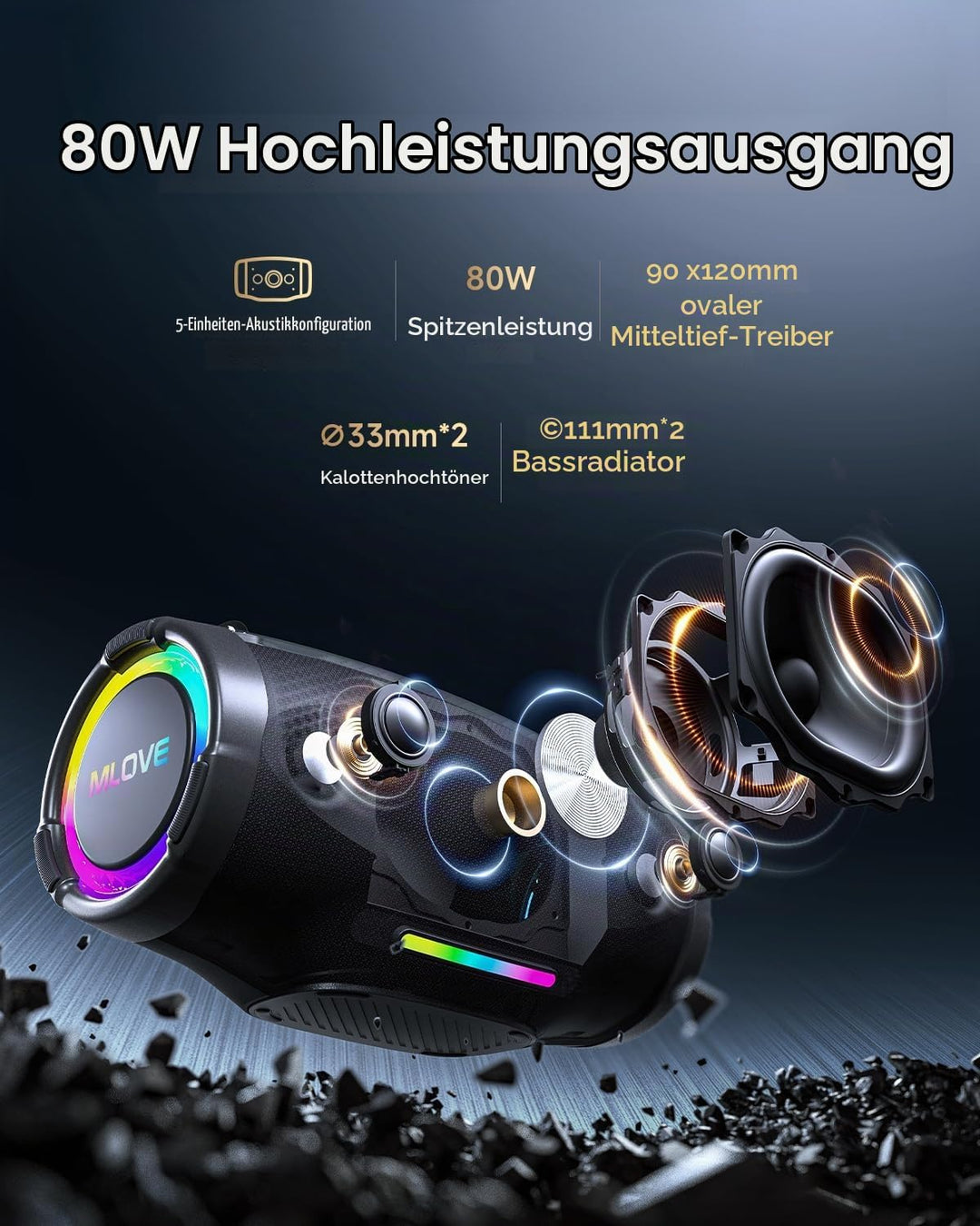 MLOVE E90 80W Bluetooth-Lautsprecher Outdoor-Boombox mit RGB-Lichtern, IP65 Wasserdicht, TWS &amp; Stere
