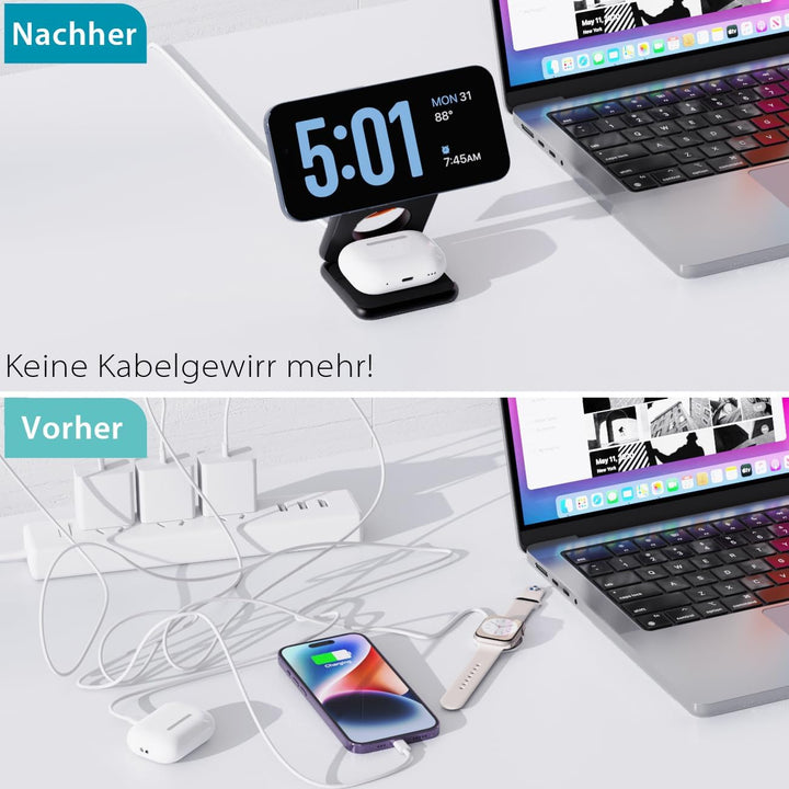 KU XIU X40 Induktive Ladestation 3 in 1 – Magnetisches Kabelloses Ladegerät, Faltbares Reiseladegerä