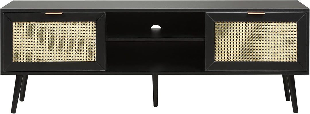 Beliani TV-Schrank Rattan schwarz/beige 2 Türen 150 x 40 x 52 cm modern Opoco
