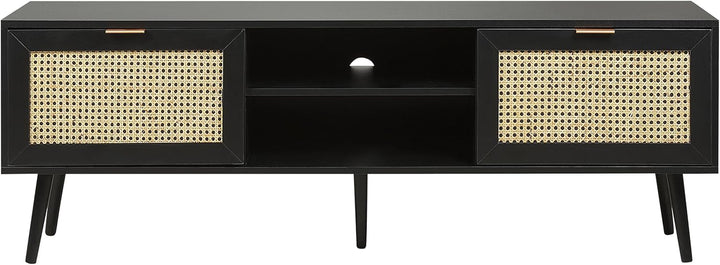 Beliani TV-Schrank Rattan schwarz/beige 2 Türen 150 x 40 x 52 cm modern Opoco