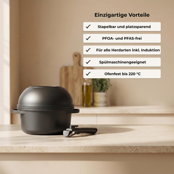 Essential Topf und Pfannenset 8-teilig Induktion, Abnehmbarer Griff, Stapelbar, Platzsparend, Backof