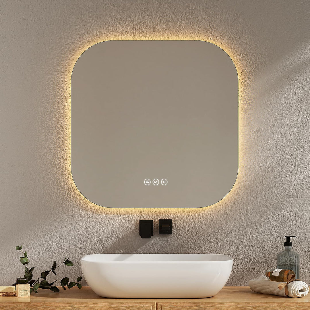 EMKE Badspiegel mit Beleuchtung 60x60cm mit 3 Lichtfarbe Dimmbar, Antibeschlag, Touchschalter, Speic