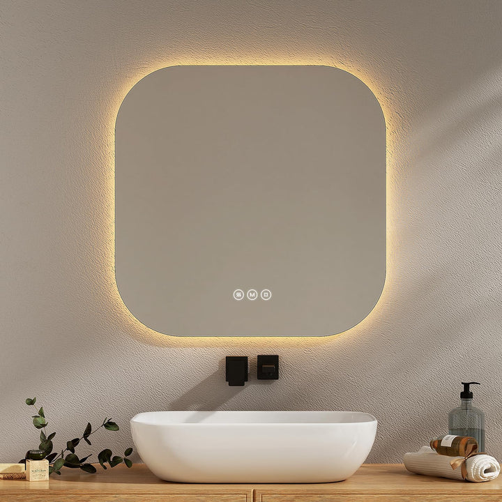 EMKE Badspiegel mit Beleuchtung 60x60cm mit 3 Lichtfarbe Dimmbar, Antibeschlag, Touchschalter, Speic