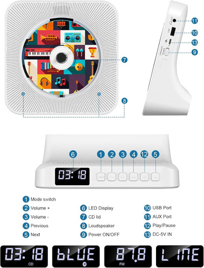 Gueray CD Player Bluetooth CD-Player mit Lautsprecher Unterstützt Fernbedienung Anzeige FM Radio mit