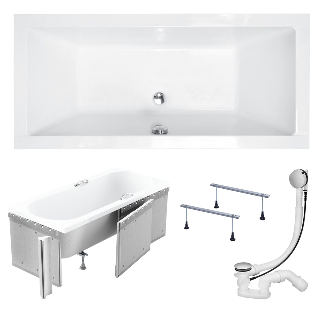 KOLMAN Badewanne QUADRO Rechteck 175x80 mit Styroporverkleidung, Ablaufgarnitur und Füssen Kompletts