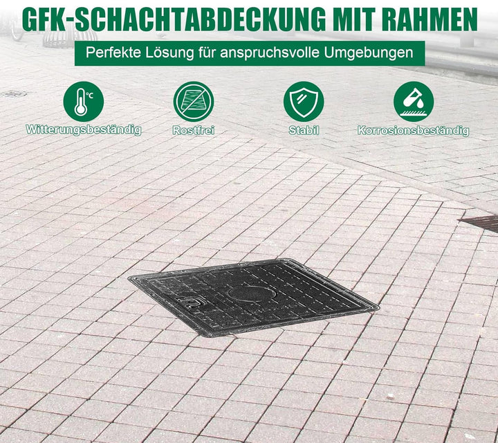 GFK-Schachtabdeckung mit Rahmen Griff 450x450 mm A15 Schachtdeckel Kanaldeckel Revisionsschacht für