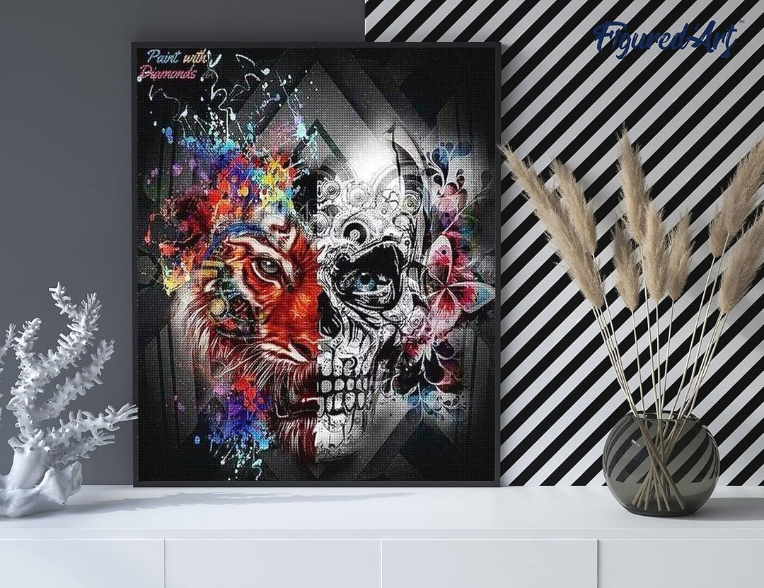 Figured'Art Diamond Painting Erwachsene 40x50cm Ganze Leinwand gerollt Löwe und Schädel 5D Bilder Ec