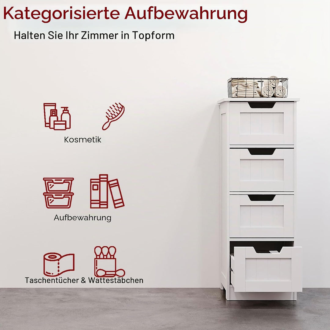 Bath Vida Badezimmerschrank mit 4 Schubladen, bodenstehende Aufbewahrungseinheit, Holz, weiss Priano