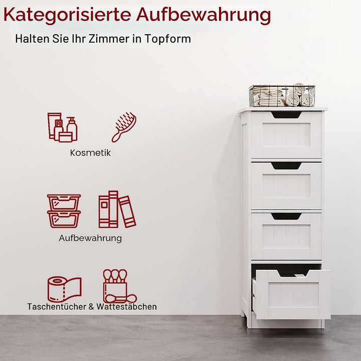 Bath Vida Badezimmerschrank mit 4 Schubladen, bodenstehende Aufbewahrungseinheit, Holz, weiss Priano
