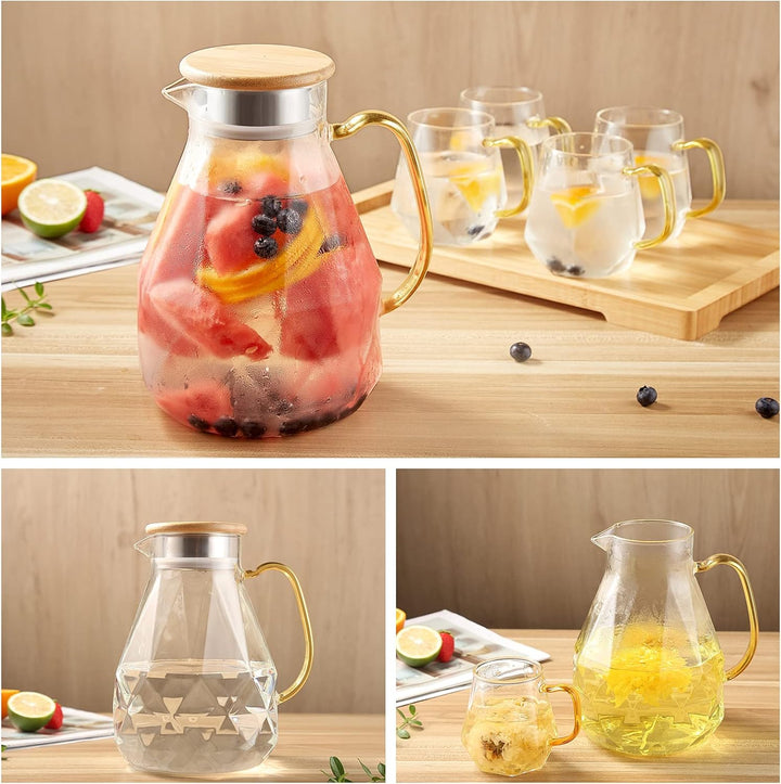 DUJUST Glaskaraffe mit Bambus Deckel 2 Liter, Wasserkaraffe im Modernen Diamant Design, Glaskrug mit