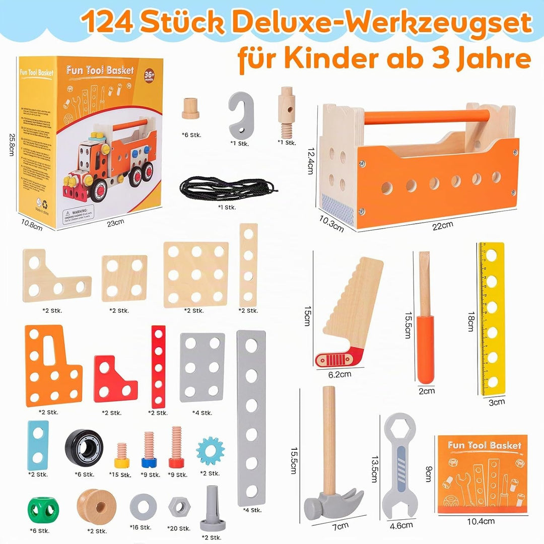XIAPIA Werkzeugkoffer Kinder 124 Stück Deluxe-Anzug, Montessori Spielzeug ab 3 4 5 Jahre Werkbank au