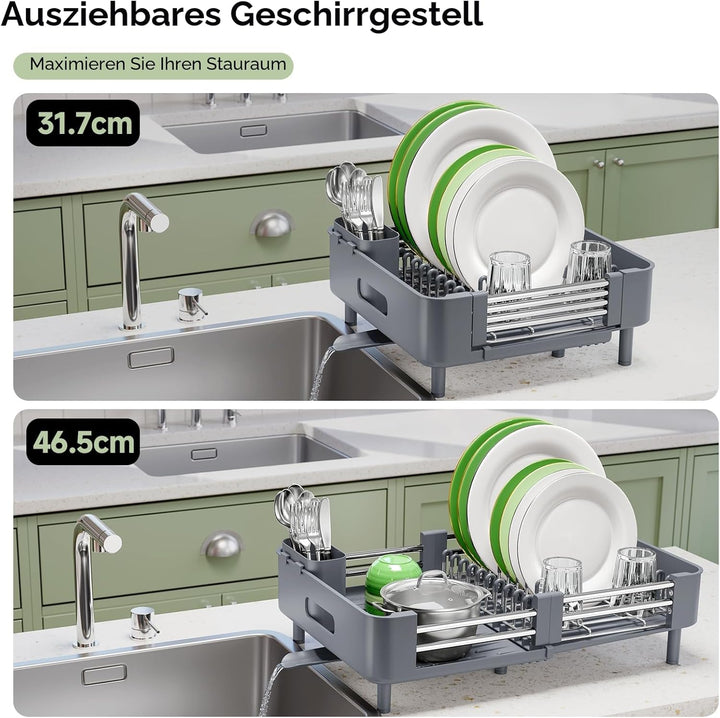 Kingrack Erweiterbares Abtropfgestell, Faltbares Edelstahl Geschirrabtropfgestell mit Abnehmbarem Be