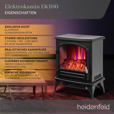 Heidenfeld Elektrokamin EK100 | 𝟯 𝐉𝐀𝐇𝐑𝐄 𝐆𝐀𝐑𝐀𝐍𝐓𝐈𝐄 - 2000 Watt - Energiesparende LEDs - Glasfront - 2