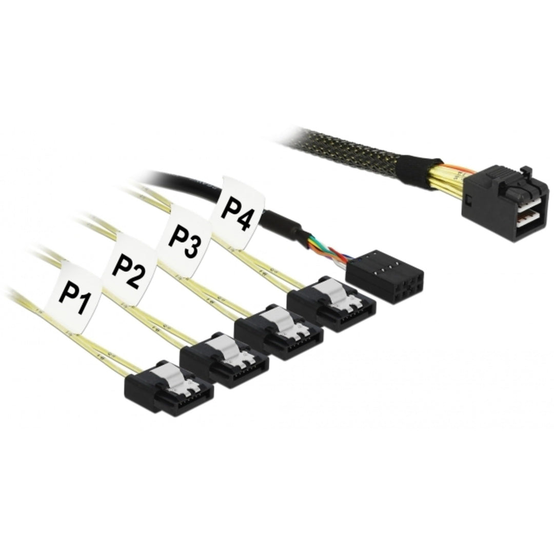 DeLock Kabel Mini SAS HD SFF-8643 > 4 x SATA 7 Pin + Sideband 1 m Metall