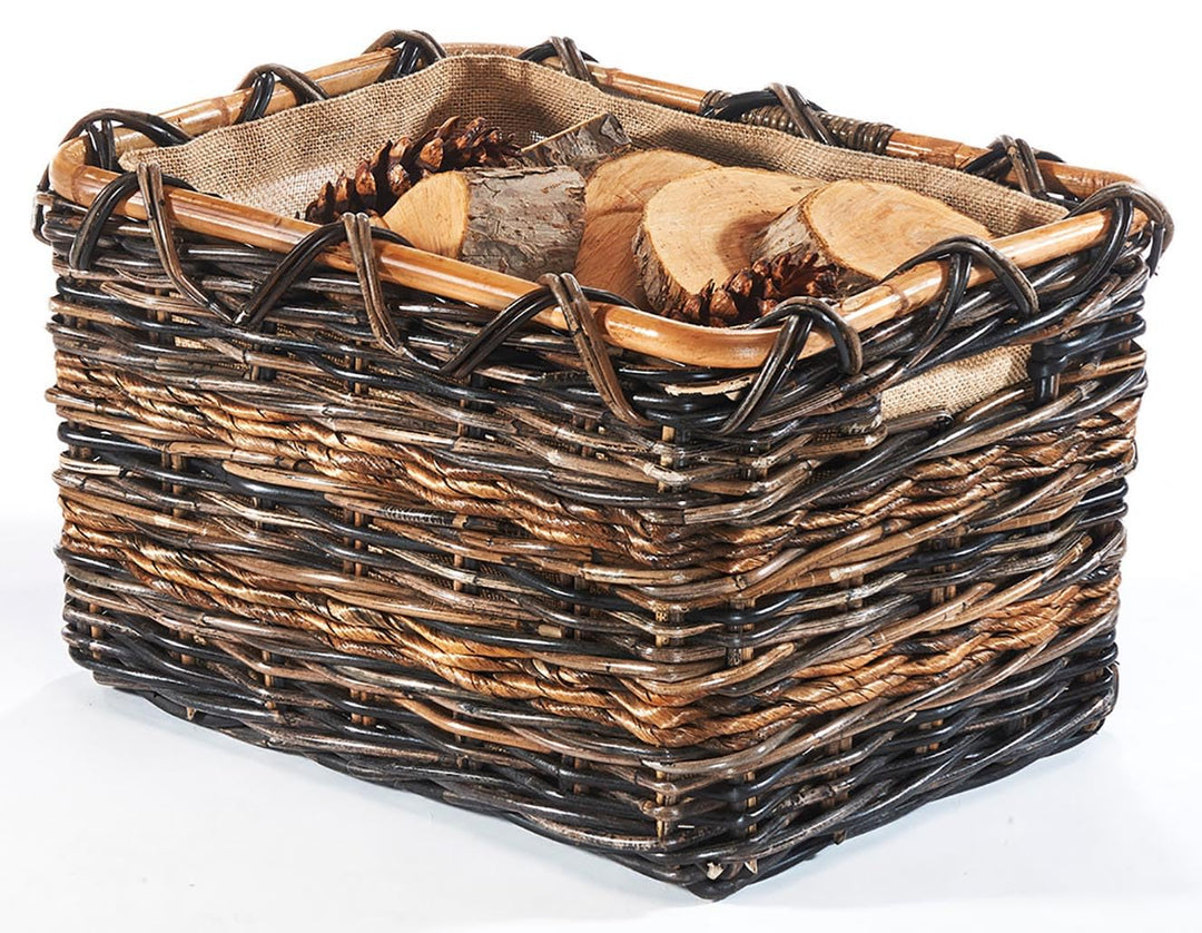 Kobolo Holztrage Holzkorb für Kaminholz eckig - Rattan und Bananenblatt - mit Jutestoff ausgestattet