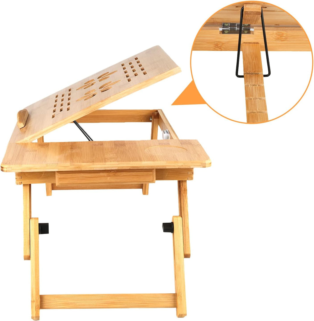 Klappbarer Betttisch, 66 x 35 cm, Betttablett aus Bambus mit verstellbaren Füssen und neigbarer Plat