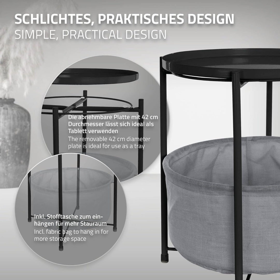 ML-Design Beistelltisch rund Ø45,5 x H 52,5 cm, Schwarz, aus Metall, Couchtisch mit Stoffkorb & abne