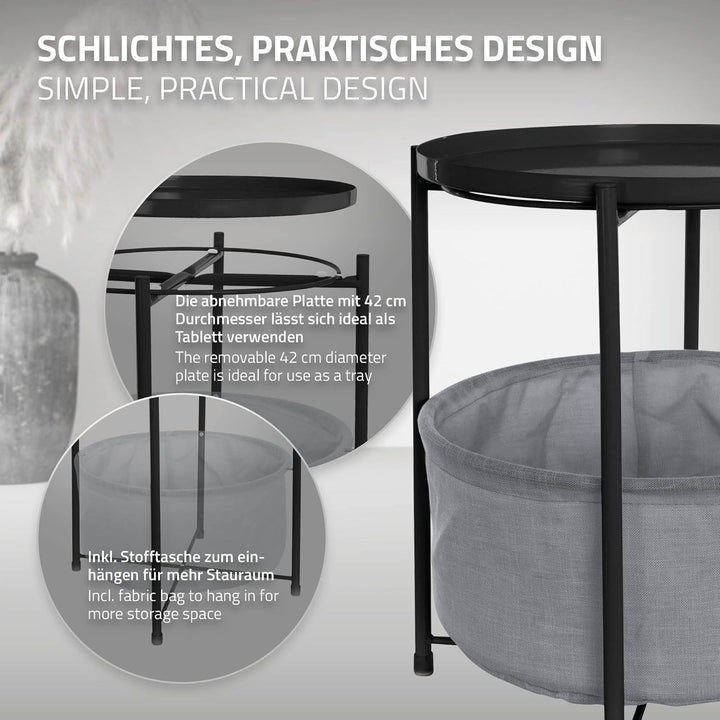 ML-Design Beistelltisch rund Ø45,5 x H 52,5 cm, Schwarz, aus Metall, Couchtisch mit Stoffkorb & abne