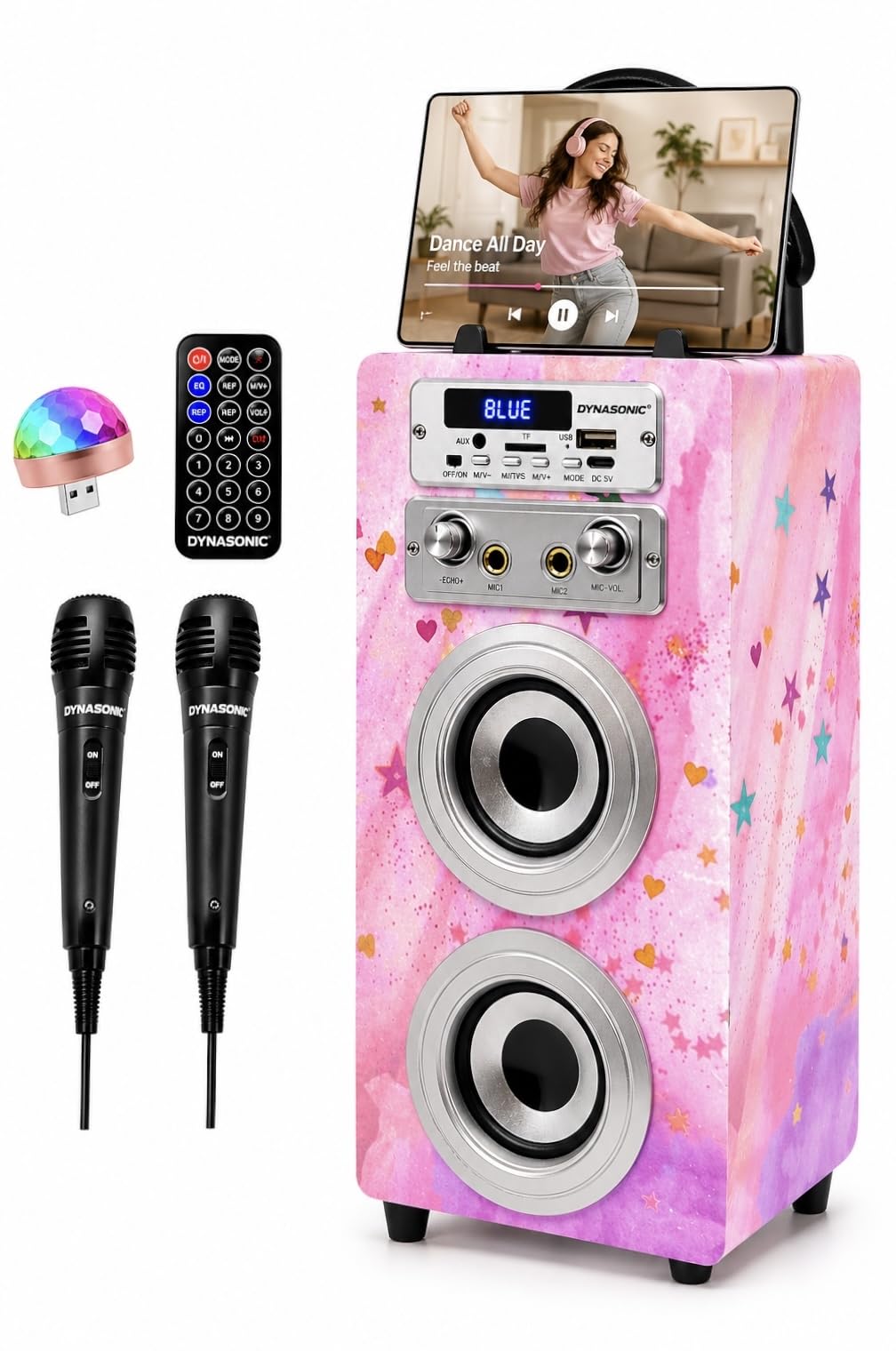 DYNASONIC Karaoke mit 2 Mikrofonen, tragbarer Karaoke-Maschine, Bluetooth-Lautsprecher, USB- und SD-