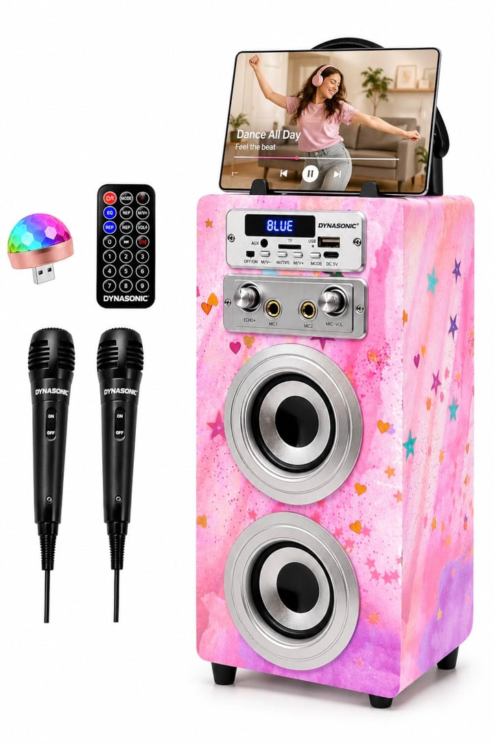 DYNASONIC Karaoke mit 2 Mikrofonen, tragbarer Karaoke-Maschine, Bluetooth-Lautsprecher, USB- und SD-