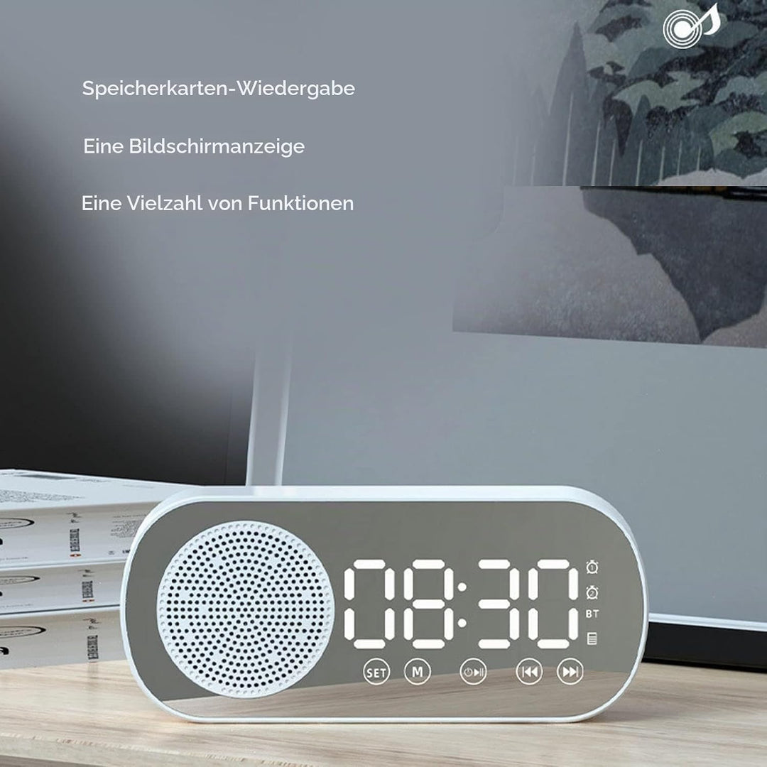 Digitaler Radiowecker, Lautsprecher-Spiegeluhr, HIFI-FM-Radio, Wiederaufladbare Bluetooth 5.0-Lautsp