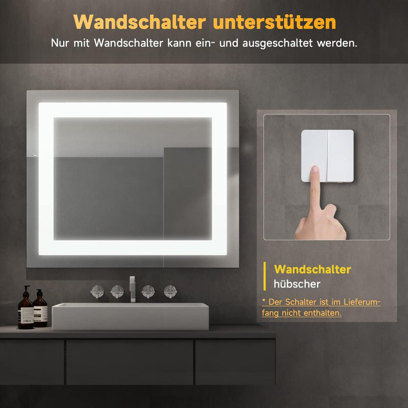 Elegant Badspiegel mit LED-Beleuchtung Energiesparend Lichtspiegel 60 x 50 cm kaltweiss IP44 Badezim