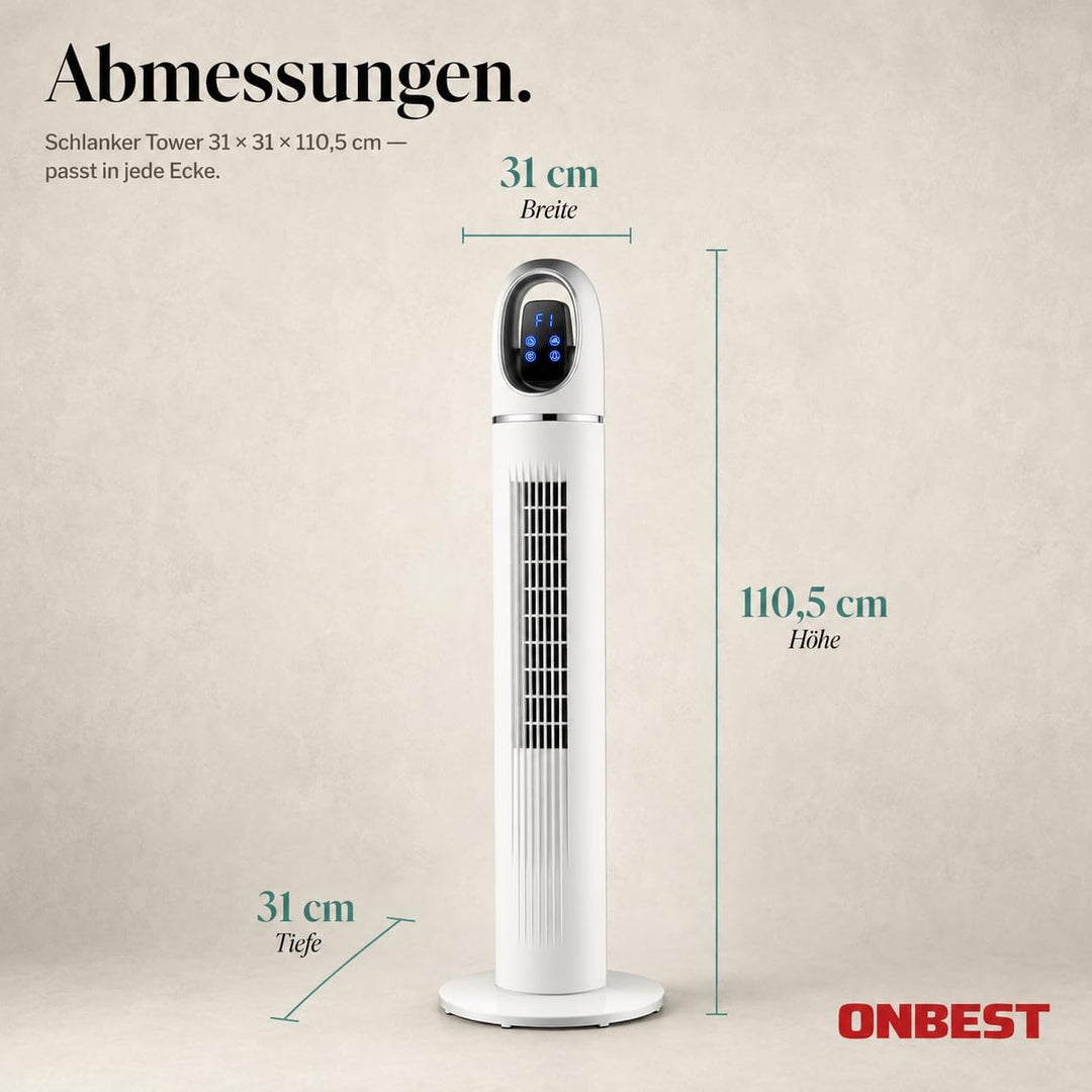 Onbest Turmventilator leise, 45 W stromsparender Tower-Ventilator mit Fernbedienung, 80° Oszillation