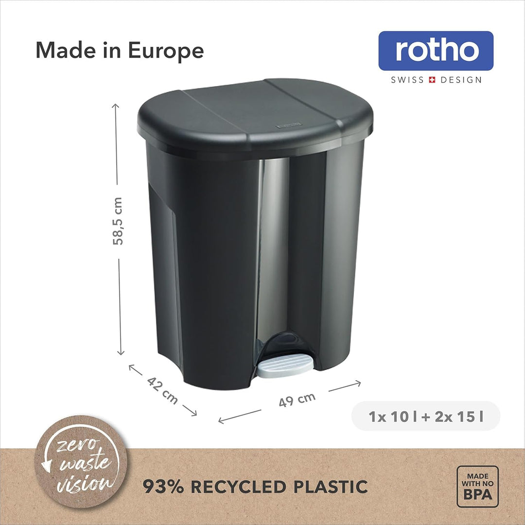 Rotho Trio Mülleimer 1x 10l + 2x 15l zur Mülltrennung mit Deckel, Kunststoff (PP) BPA-frei, schwarz,
